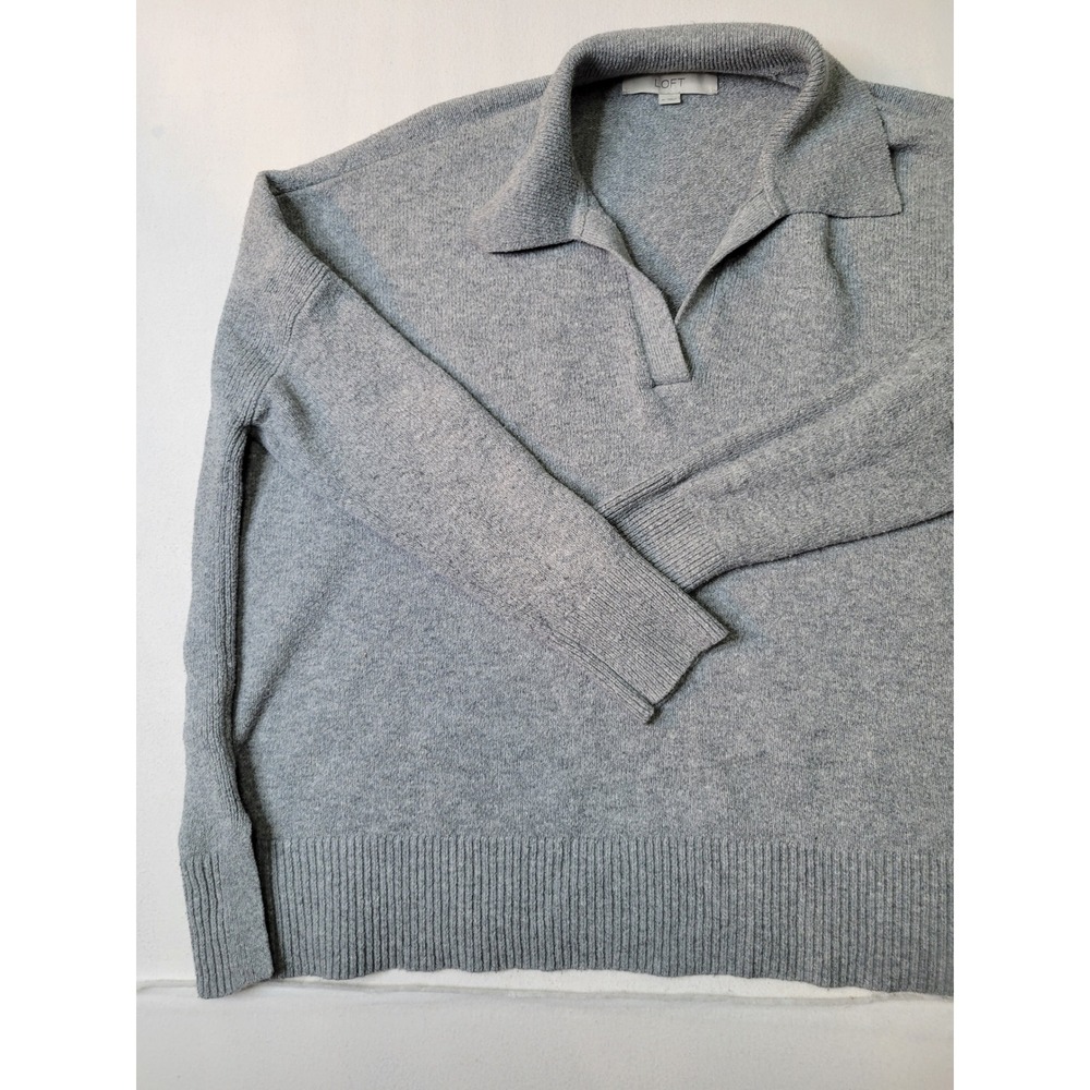 LOFT Heather Gray Polo Collar V-Neck Sweater Long Sleeve Size M Oversized Knit